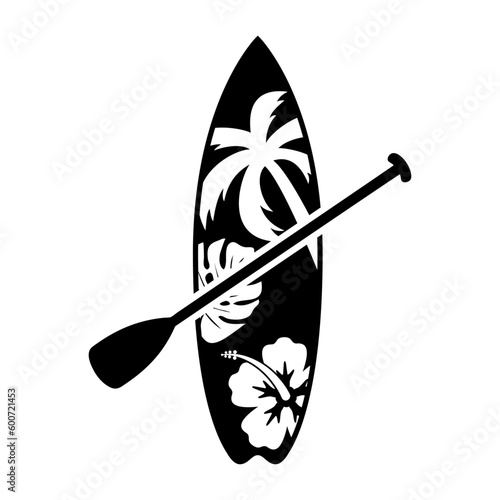 Logo club de paddle surf. Silueta de remo en tabla de paddle surf con plantas tropicales