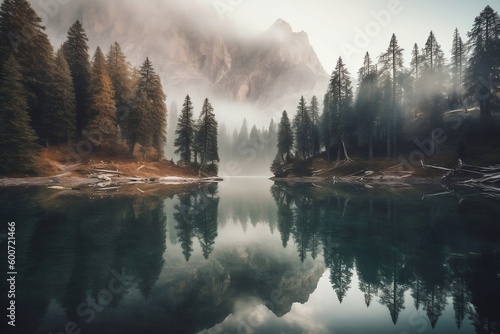 dolgell lake, dolomites, italy, in the style of light gray and dark brown, vintage aesthetics, dotted, nature-inspired installations, 3840x2160, dark green and amber, dreamy and romanti © Abraham
