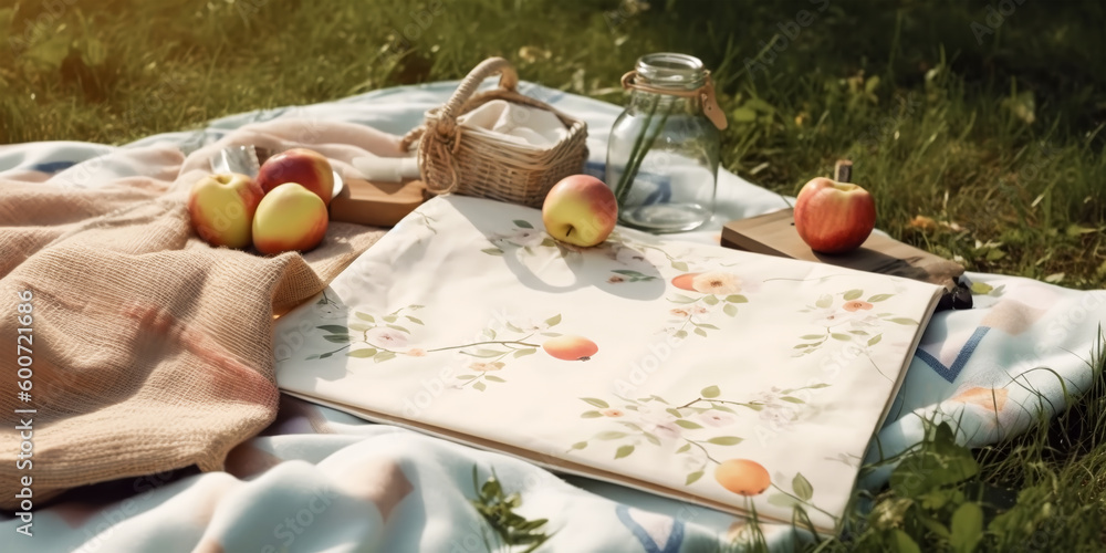 Summer picnic background. Cute Wicker basket with foods, juices, lemonade, fruits decorated flowers.  tablecloth on the grass in a park. outdoors.Generative ai.