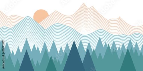 Stylized landscape, abstract mountain view, forest and the setting sun, vector illustration