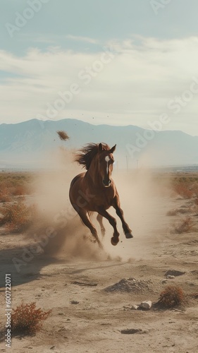 Horse running free on a sandy dirt road, Generative AI