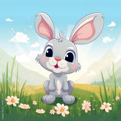 Cute Cartoon Bunny in Meadow. Generative AI