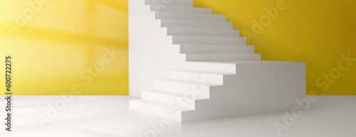 3d vector room with stairs, yellow wall background. Minimal geometric realistic pedestal with staircase for product. Perspective view layout with platform, light from window. Minimalist presentation