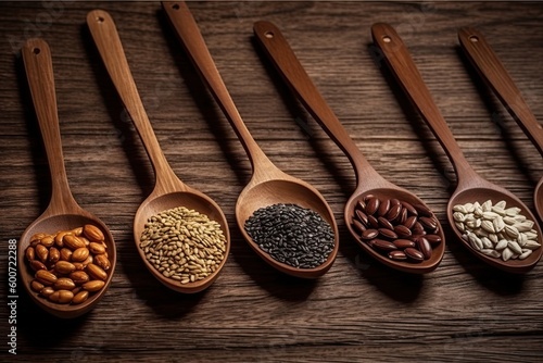 Assortment of legumes in wooden spoons on wooden background.