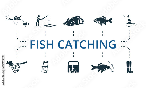 Fish catching set. Creative icons: spearfishing, fisherman, tent, fish, float, landing net, folding chair, fishing bag, fish on hook, fishing boots.