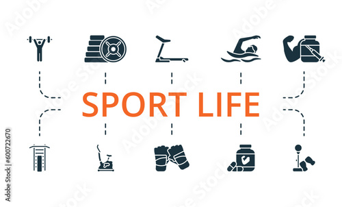 Sport life set. Creative icons: workout, weight plates, treadmill machine, swim, steroids, swedish wall, stationary bike, training gloves, supplement, standing punching ball.