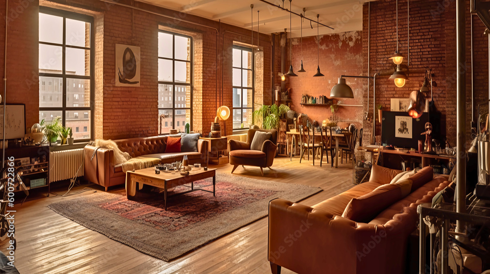 An Art Deco-style loft apartment with a bird's eye view perspective, The shot features the living area with an exposed brick wall, and a leather sofa, Created with generative Ai Technology.
