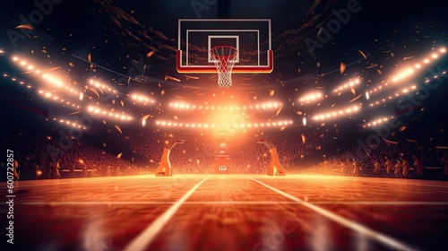 A basketball court with a ball in motion and stadium lights. Generative AI  photo