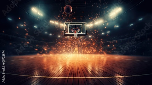 A basketball court with a ball in motion and stadium lights. Generative AI  © Mockup Station