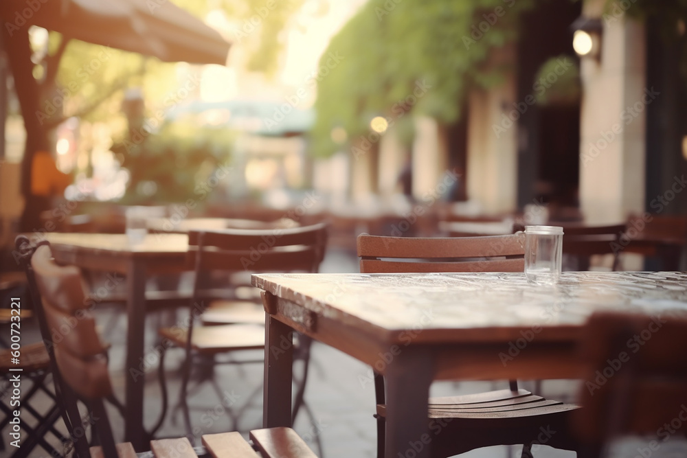 Obraz premium Wooden table in a cafe outdoors in summer. Generative AI