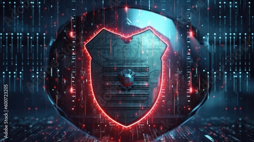 A cybersecurity shield symbol protecting digital information. Generative AI © Mockup Station