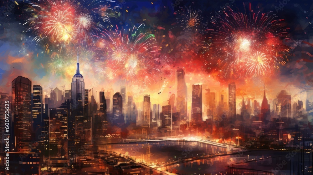 Happy New Year celebrations with beautiful fireworks and cityscape. Generative AI 