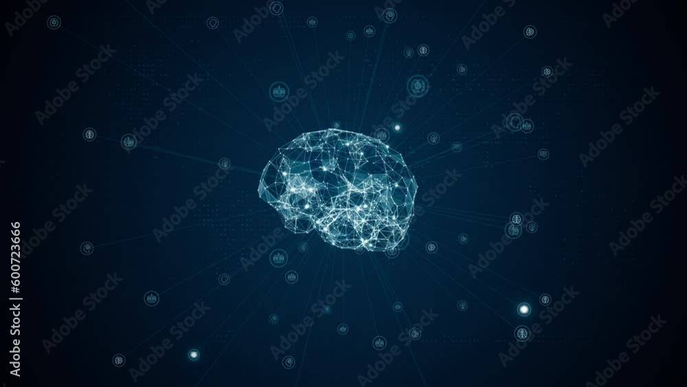 Motion graphic of Blue polygon digital brain logo with grid line and ai ...