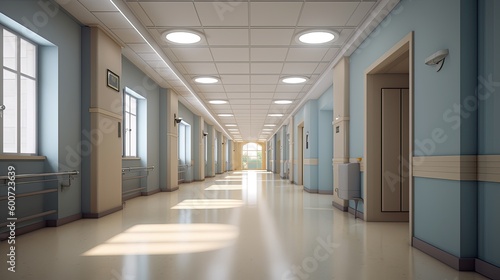 Hospital hallway with clean floors and modern lighting. Generative AI 