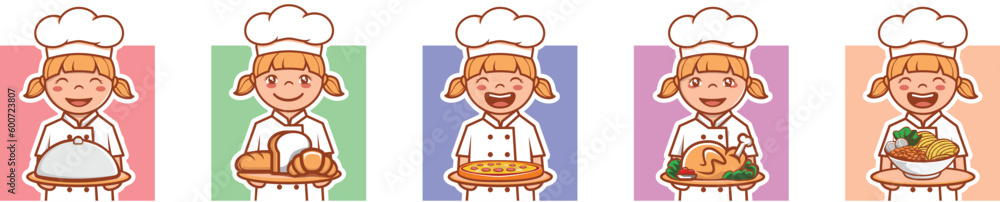 Smiling Girl Cute Kitchen Chef Hat cartoon holding a tray of various food dishes baguitte, white bread, croissant, pizza, roast chicken, noodles character logo character mascot illustration vector Smiling Girl Cute Kitchen Chef Hat cartoon holding a tray of various food dishes baguitte, white bread, croissant, pizza, roast chicken, noodles character logo character mascot illustration vector