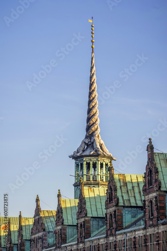 Spiral dragon tower of the Old Stock Exchange building in Copenhagen, Denmark photo