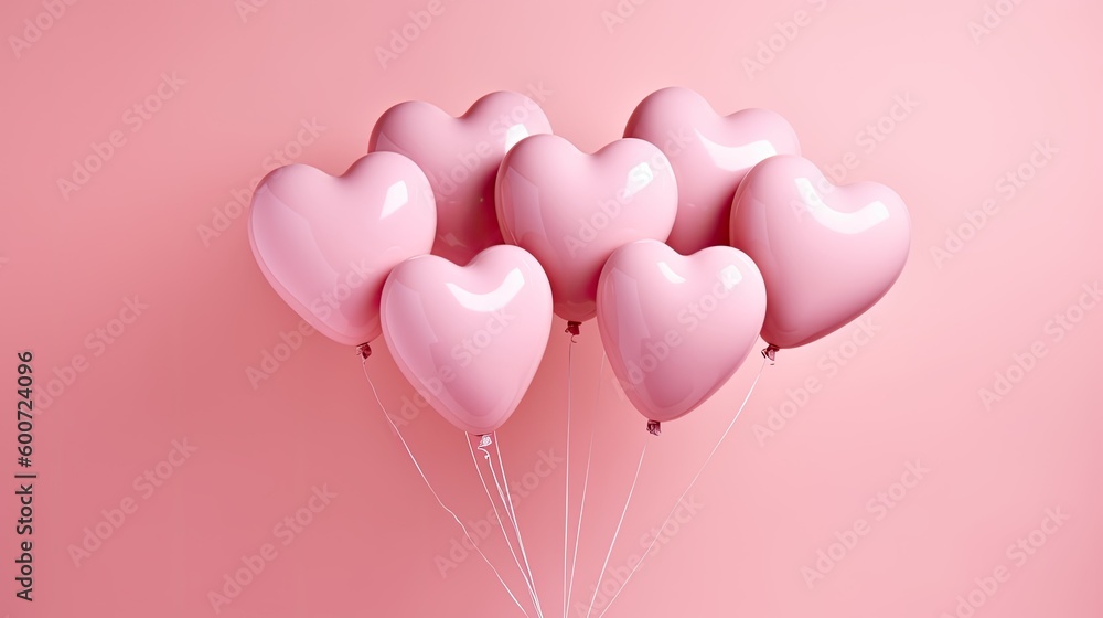 Valentines's Day heart-shaped ballons on apink background. Generative AI