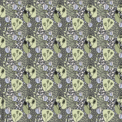 Stylish seamless handmade pattern. Modern background in a flat style. On a gray background. For printing on fabric, wallpaper, paper, curtains, wrapping paper.