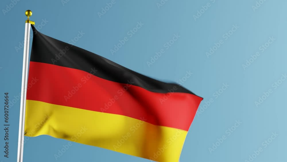 Flag of Germany waving in the breeze against blue background; 3D render Flag of Germany waving in the breeze against blue background; 3D render