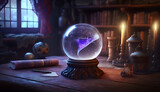 A witchs crystal ball sitting atop an ancient wooden table in