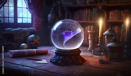 Fotografie, Obraz A witchs crystal ball sitting atop an ancient wooden table in
