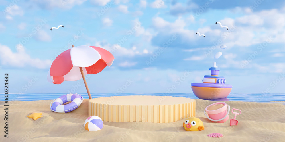 Yellow stage podium empty with summer beach background and beach accessory concept of summer. Creative summer concept idea. illustration banner. 3d rendering illustration