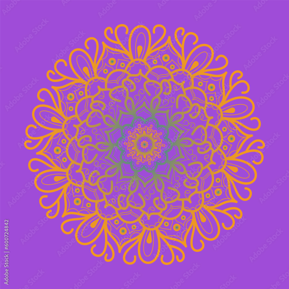 Beautiful color pattern in the form of a flower on a lilac background. Mandala, motive for textiles, covers