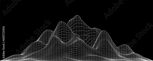Vector landscape of lines. Wireframe concept of mountains. Technology background. Big Data.