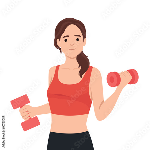 a woman is doing exercise with dumbbell. Flat vector illustration isolated on white background