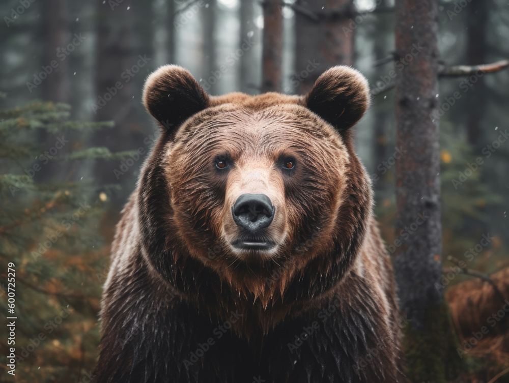 Brown bear walking slowly through the forest.