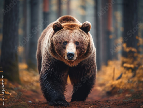 Brown bear walking slowly through the forest.