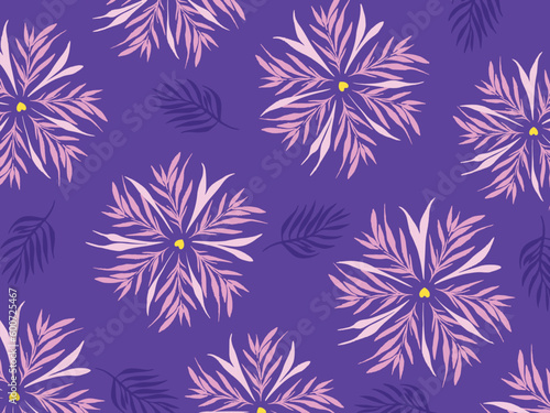 Purple background with pink flowers and leaves pattern decorative elements isolated on horizontal landscape template. Wallpaper for poster or textile prints.