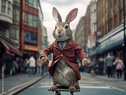 A rabbit on a skateboard riding through Piccadilly London