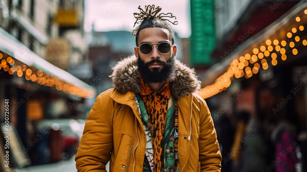Urban Male Model wearing street wear, Sunglasses in Brooklyn, New York - Ai Generative