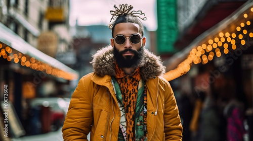 Urban Male Model wearing street wear, Sunglasses in Brooklyn, New York - Ai Generative