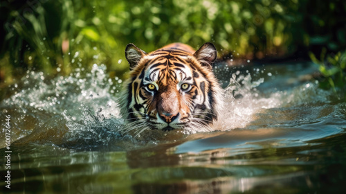 Siberian tiger in the water in the wild.