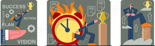Illustrations set of deadlines, successful workers achieve goals by passing work stages