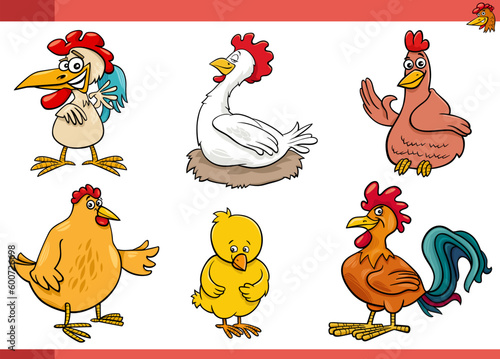 cartoon chickens birds farm animals comic characters set