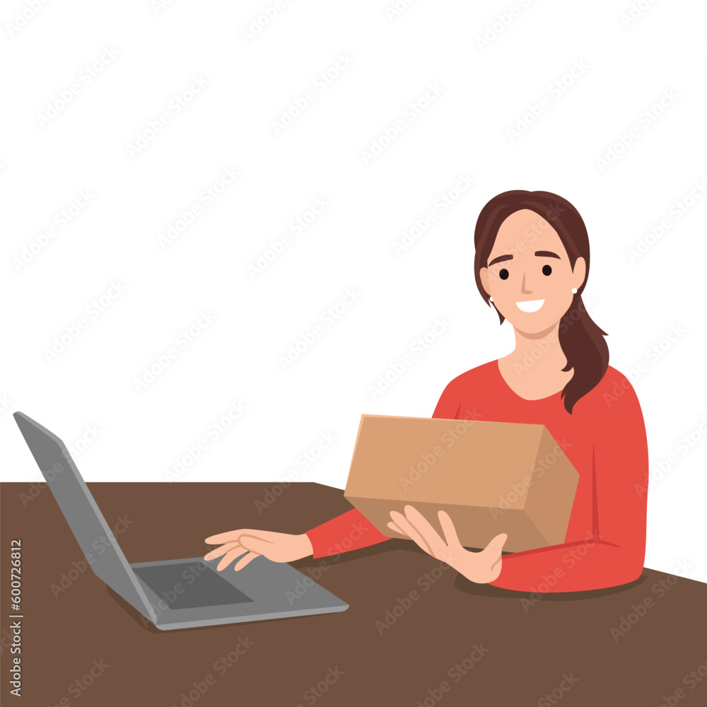 Happy and surprised girl opening gift in front of laptop. Flat vector illustration isolated on white background Happy and surprised girl opening gift in front of laptop. Flat vector illustration isolated on white background