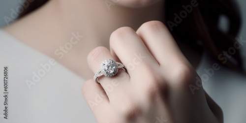 A woman's hand with a ring on her finger, an engagement ring