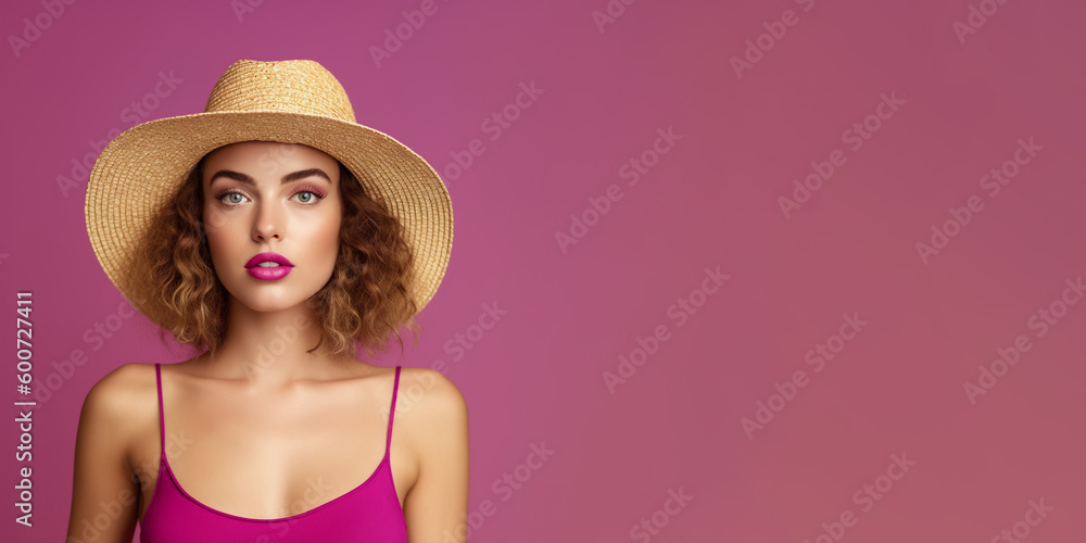 Summer offer banner with attractive woman wearing summer clothing and straw hat. Isolated on solid color background. Summer offer banner with attractive woman wearing summer clothing and straw hat. Isolated on solid color background.