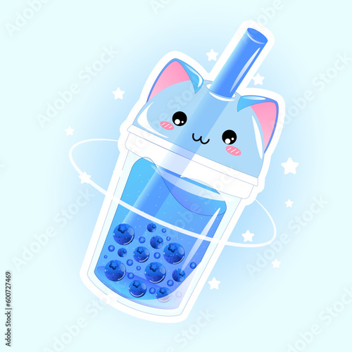 Blueberry bubble tea drink, cute cat cup