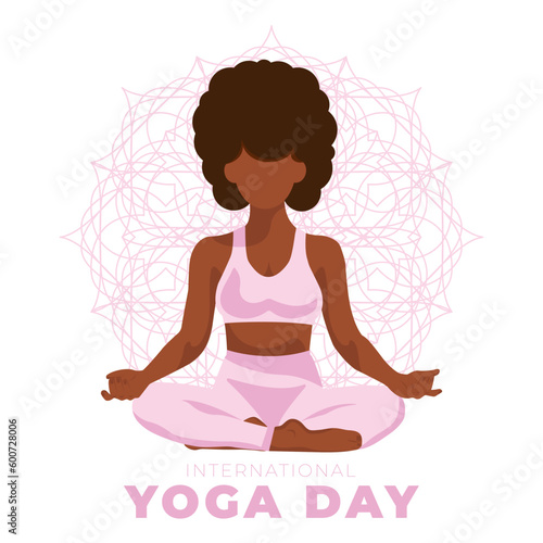 International yoga day 21 June banner or poster with woman in lotus position. Faceless vector illustration. EPS 10
