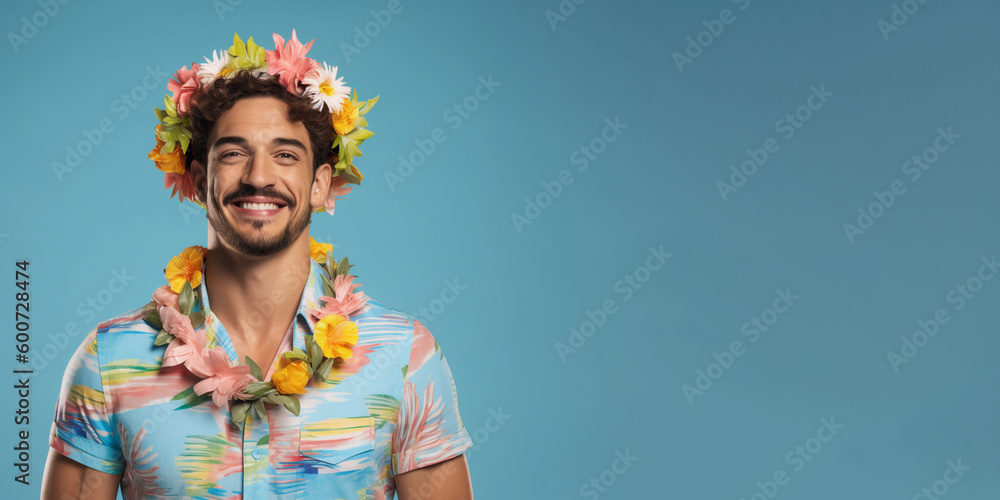 Vivid summer banner with a handsome man wearing tropical shirt and floral wreath. Isolated on solid color background