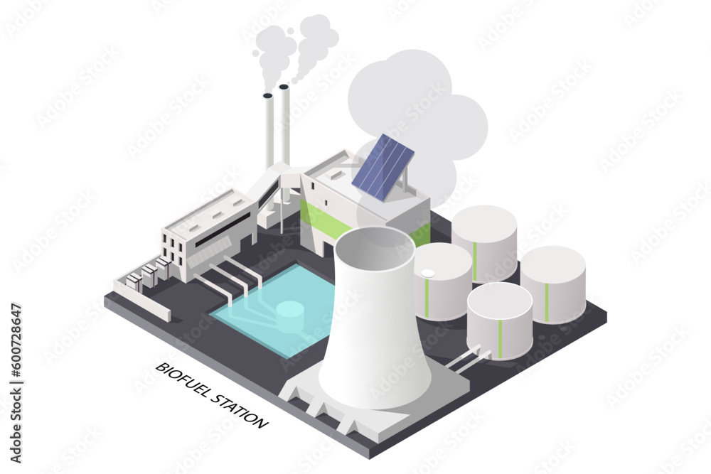 Biofuel power station. Industrial energy building in 3d isometric design. Power plant and alternative green electric generation station. Reactor power. Vector illustration Biofuel power station. Industrial energy building in 3d isometric design. Power plant and alternative green electric generation station. Reactor power. Vector illustration