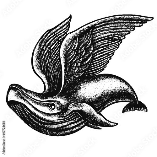 whale with wings vintage vector illustration