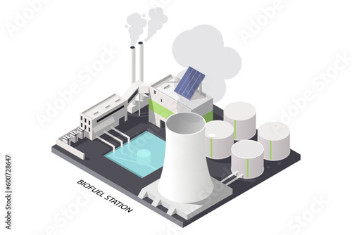 Biofuel power station. Industrial energy building in 3d isometric design. Power plant and alternative green electric generation station. Reactor power. Vector illustration