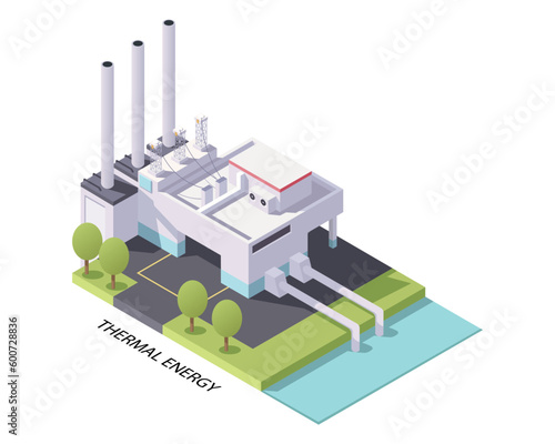 Hydroelectric power station. Industrial energy building in 3d isometric design. Power plant and alternative green electric generation station. Reactor power. Vector illustration