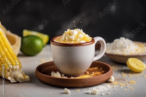 esquite corn mixed with creamy mayonesai, in a cup on a clay board on a dark background, generativ ai