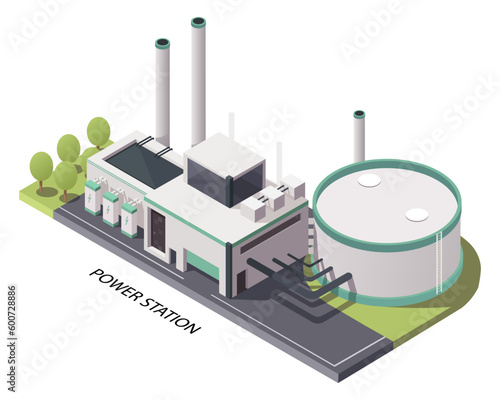 Nuclear power station. Industrial energy building in 3d isometric design. Power plant and alternative green electric generation station. Reactor power. Vector illustration